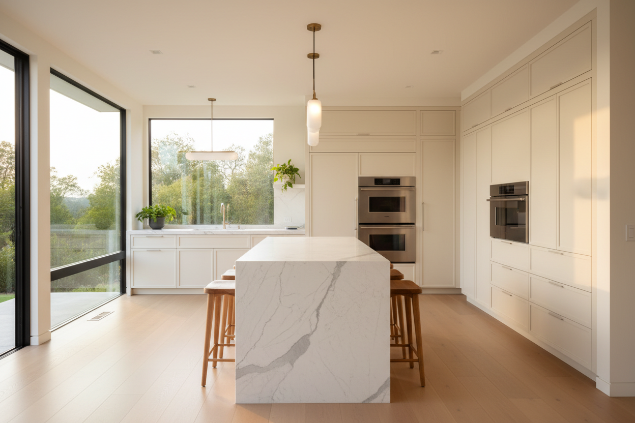Bright upscale kitchen interior with integrated refrigerator and wall oven