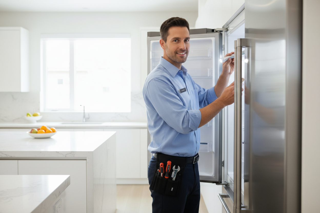 Professional Bosch appliance technician inspecting a refrigerator
